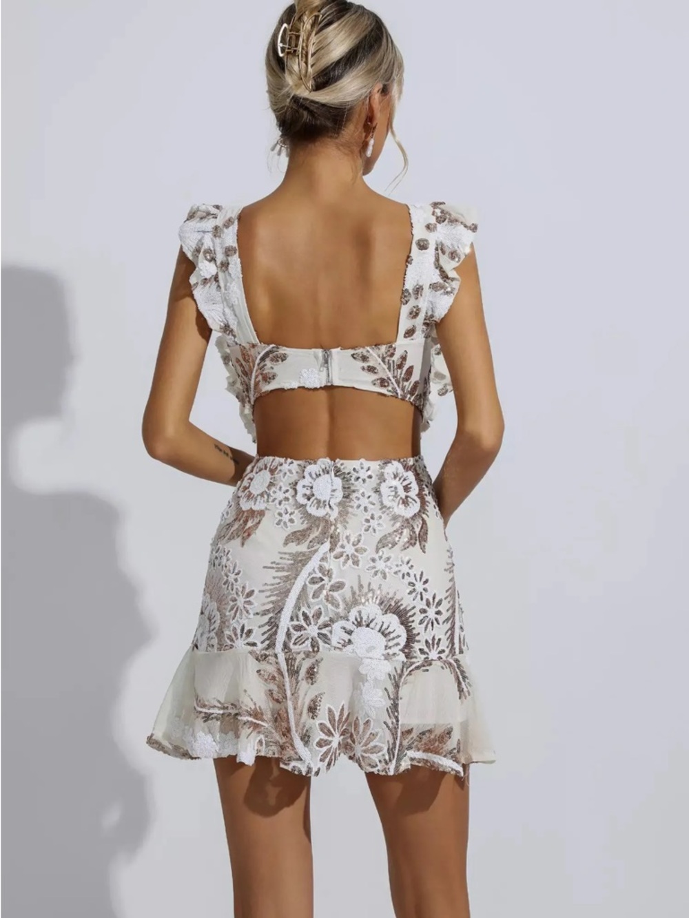 White Crochet Lace Ruffle Mini Dress - Picture 2 of 8